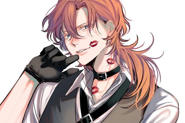 crimson red paint on his lips